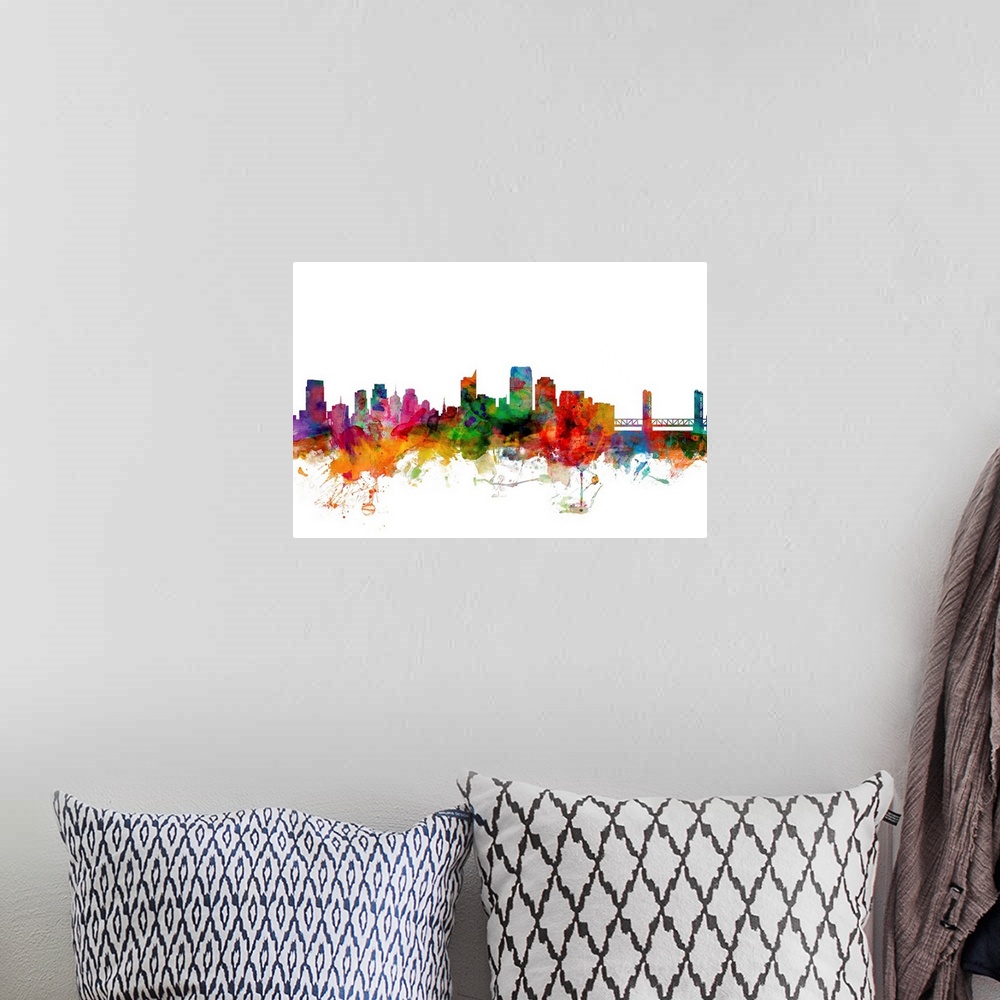 A bohemian room featuring Watercolor artwork of the Sacramento skyline against a white background.
