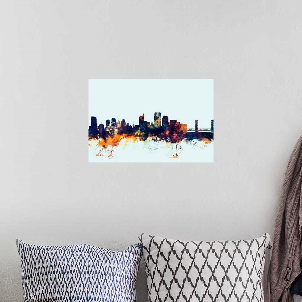 A bohemian room featuring Dark watercolor silhouette of the Sacramento city skyline against a light blue background.