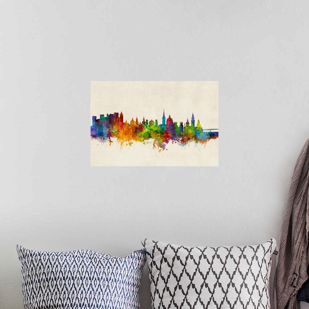 A bohemian room featuring Watercolor art print of the skyline of Salzburg, Austria