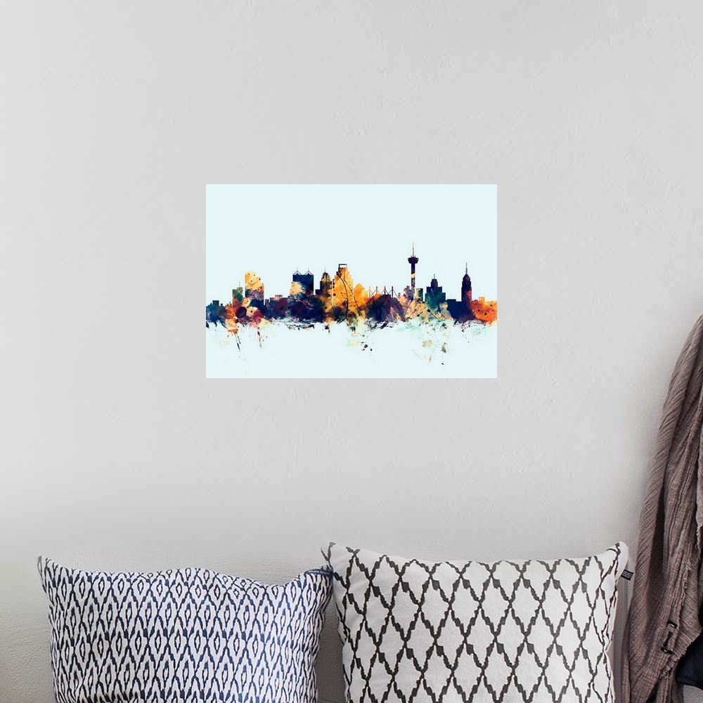 A bohemian room featuring Watercolor art print of the skyline of San Antonio, Texas, United States.