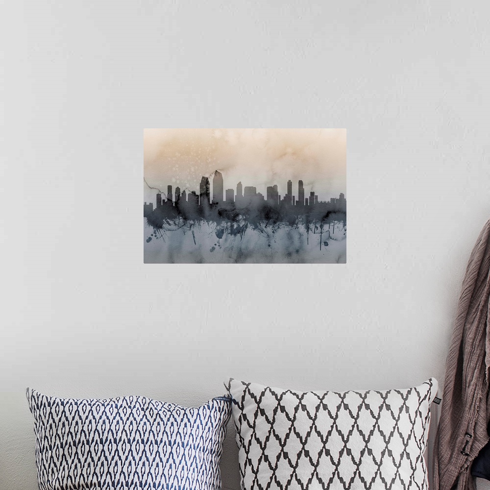 A bohemian room featuring Watercolor art print of the skyline of San Diego, California, United States