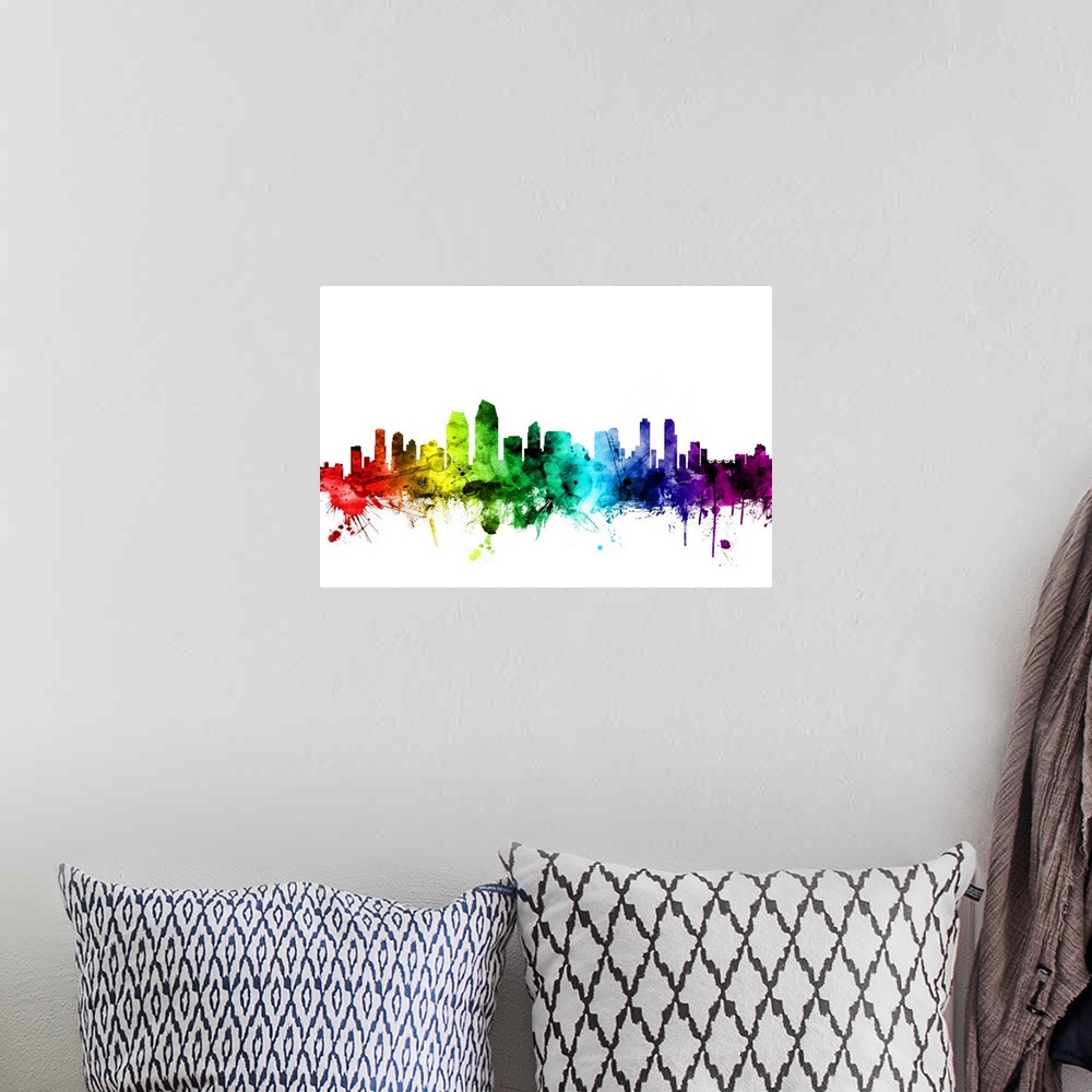 A bohemian room featuring Watercolor art print of the skyline of San Diego, California, United States.