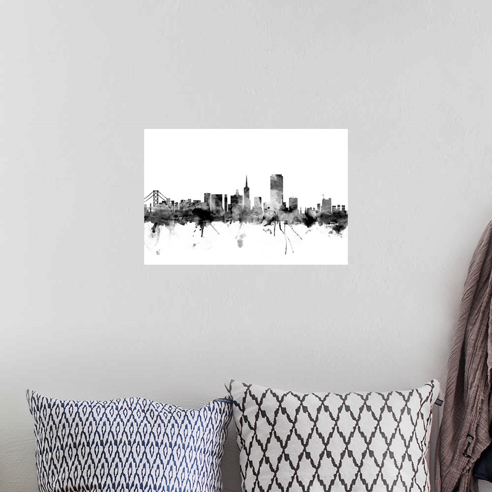 A bohemian room featuring Contemporary artwork of the San Francisco city skyline in black watercolor paint splashes.