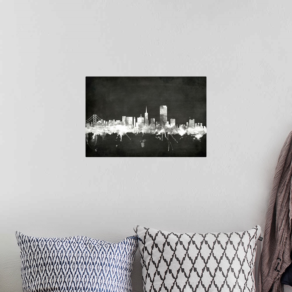 A bohemian room featuring Smokey dark watercolor silhouette of the San Francisco city skyline against chalkboard background.