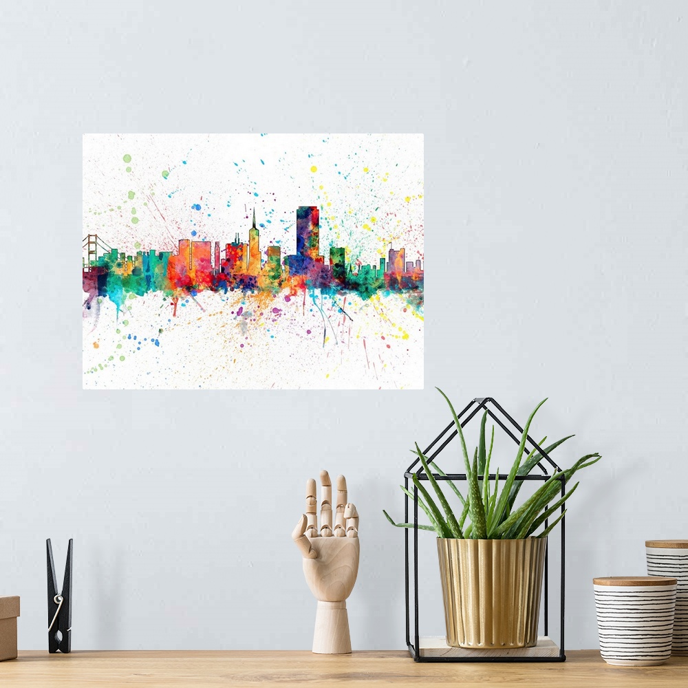 A bohemian room featuring Wild and vibrant paint splatter silhouette of the San Francisco skyline.