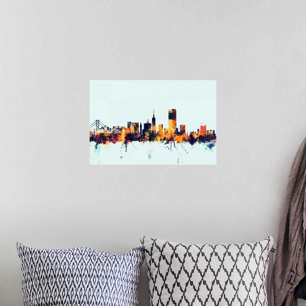 A bohemian room featuring Dark watercolor silhouette of the San Francisco city skyline against a light blue background.