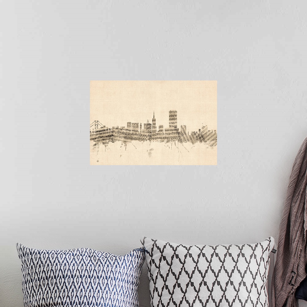 A bohemian room featuring San Francisco skyline made of sheet music against a weathered beige background.