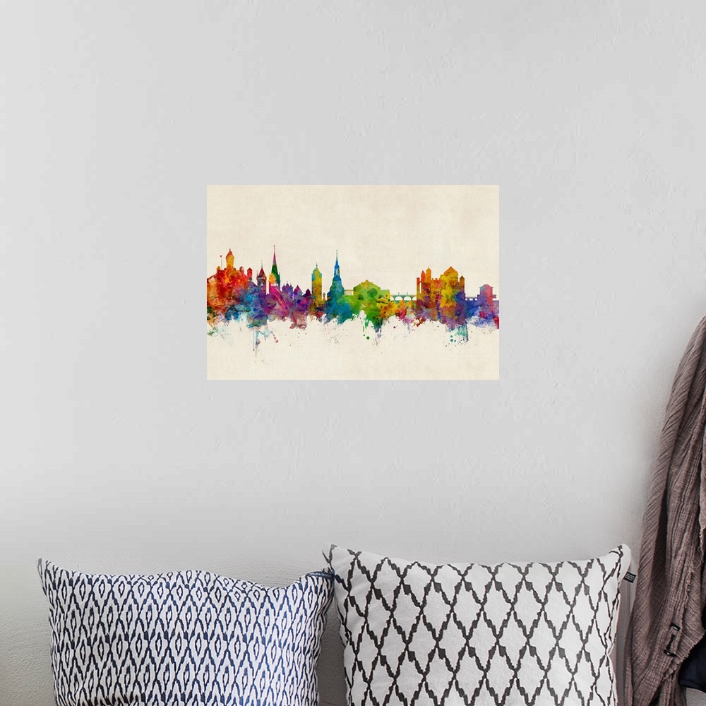 A bohemian room featuring Watercolor art print of the skyline of Schaffhausen, Switzerland