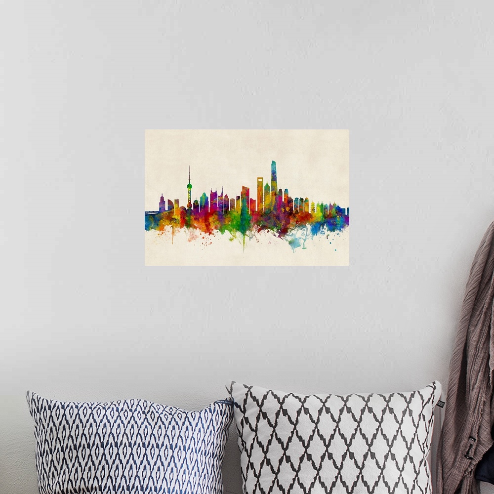 A bohemian room featuring Watercolor art print of the skyline of Shanghai, China