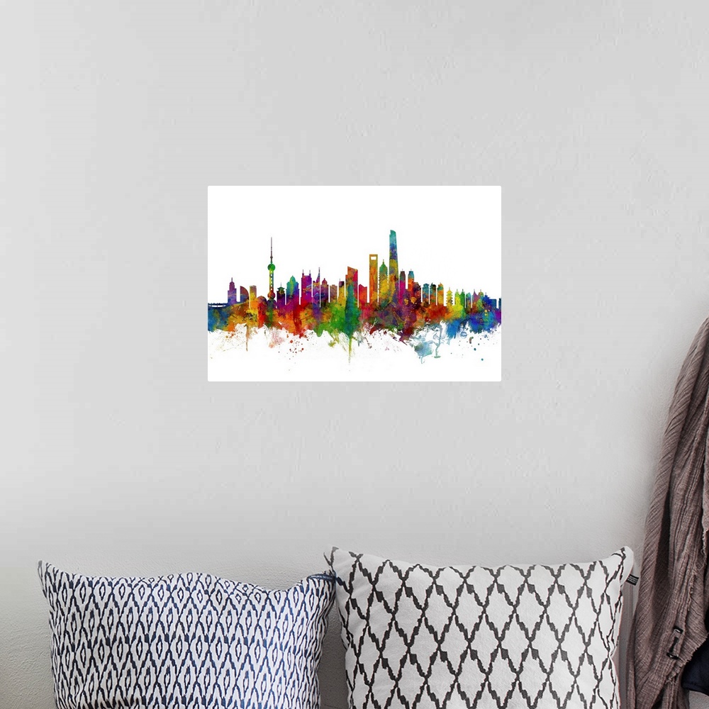 A bohemian room featuring Watercolor art print of the skyline of Shanghai, China.