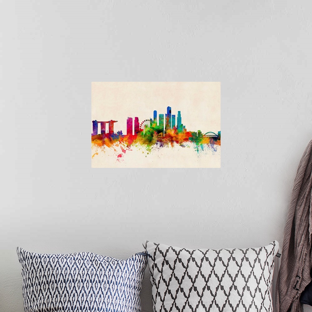 A bohemian room featuring Contemporary piece of artwork of the Singapore skyline made of colorful paint splashes.