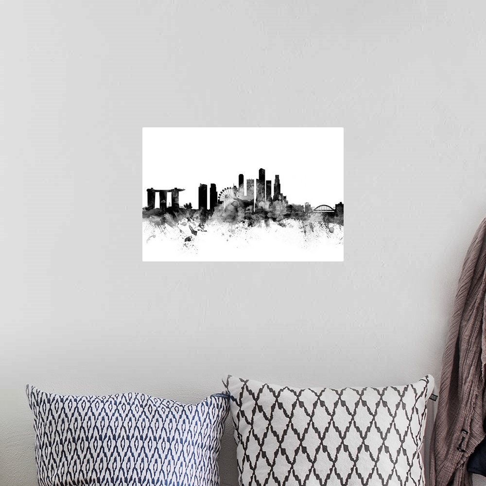 A bohemian room featuring Contemporary artwork of the Singapore city skyline in black watercolor paint splashes.