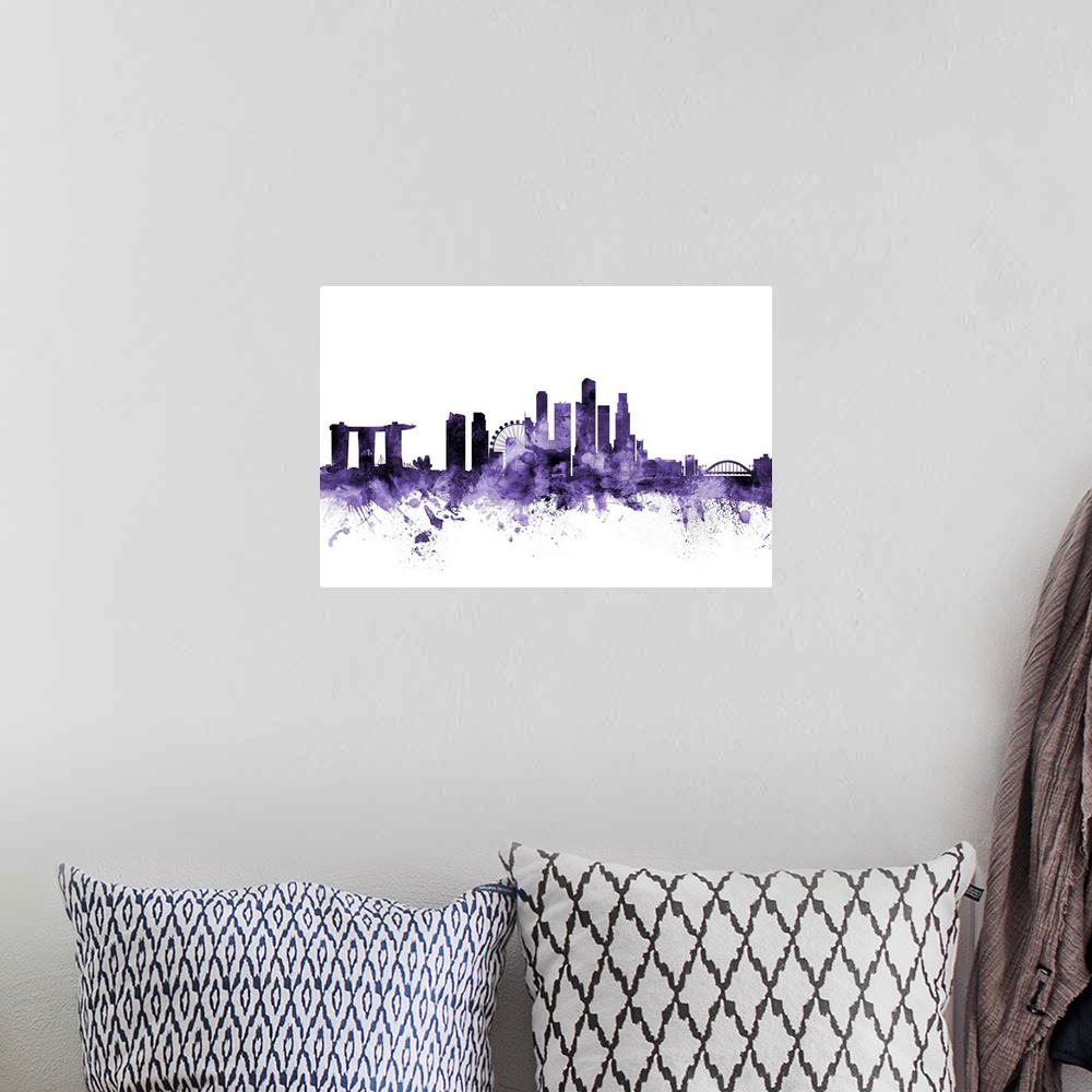 A bohemian room featuring Watercolor art print of the skyline of Singapore
