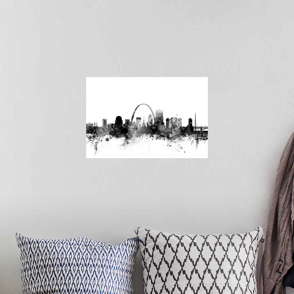 A bohemian room featuring Contemporary artwork of the St. Louis city skyline in black watercolor paint splashes.