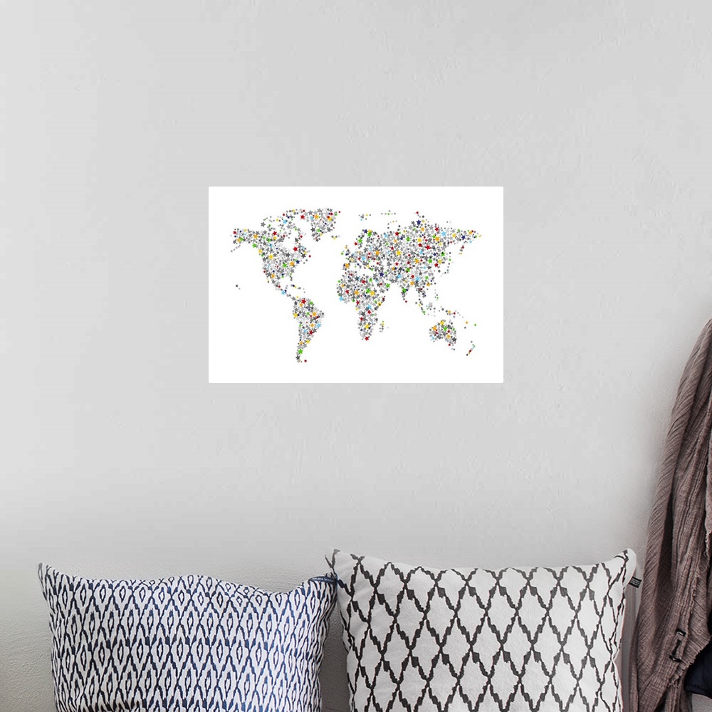 A bohemian room featuring Map of the World made from overlapping semi-transparent stars, on a white background.