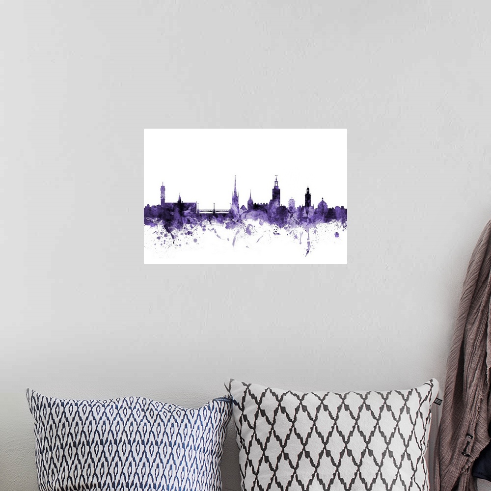 A bohemian room featuring Watercolor art print of the skyline of Stockholm, Sweden (Sverige)