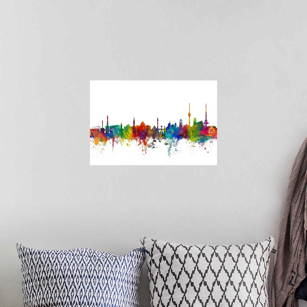 A bohemian room featuring Watercolor art print of the skyline of Stuttgart, Germany