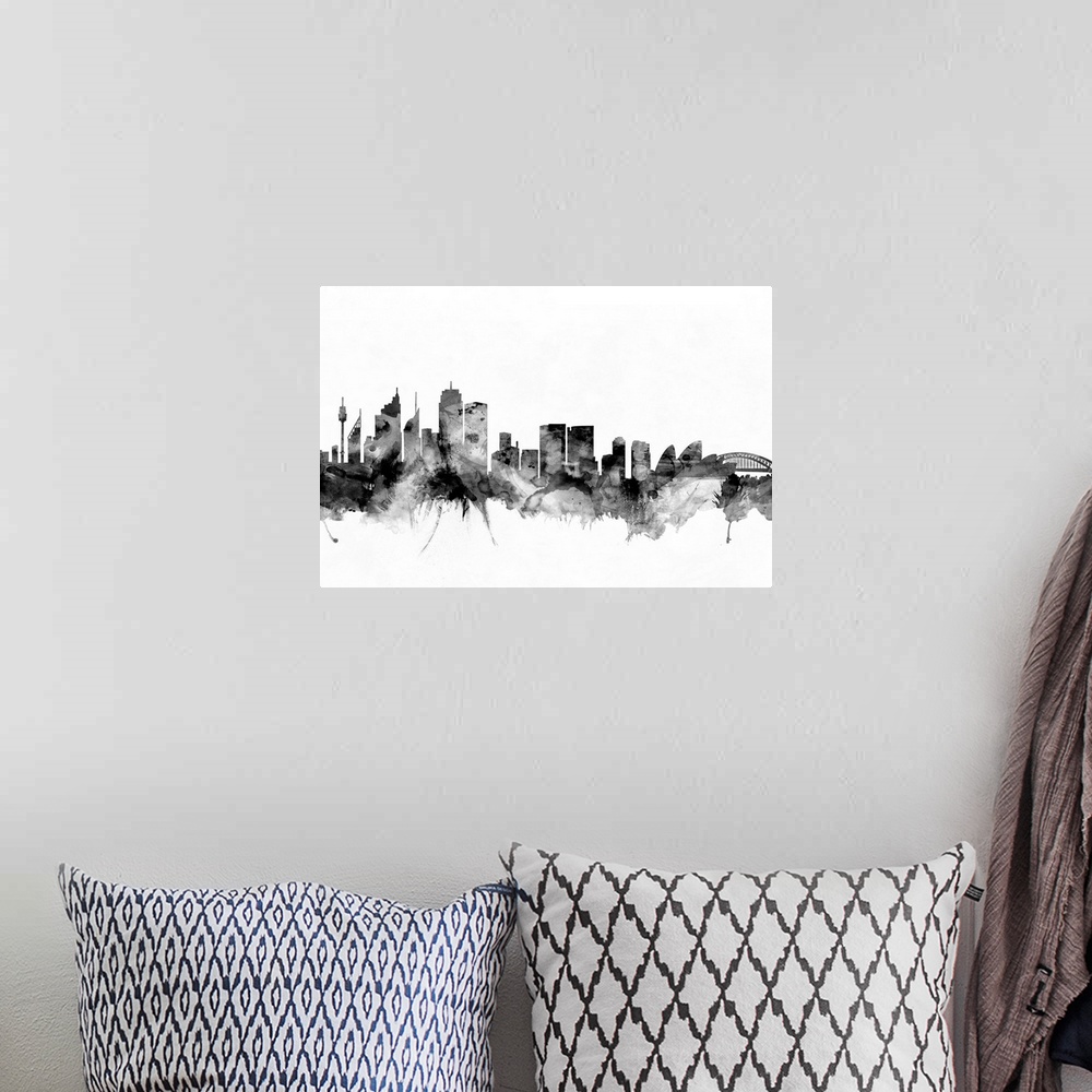 A bohemian room featuring Contemporary artwork of the Sydney city skyline in black watercolor paint splashes.