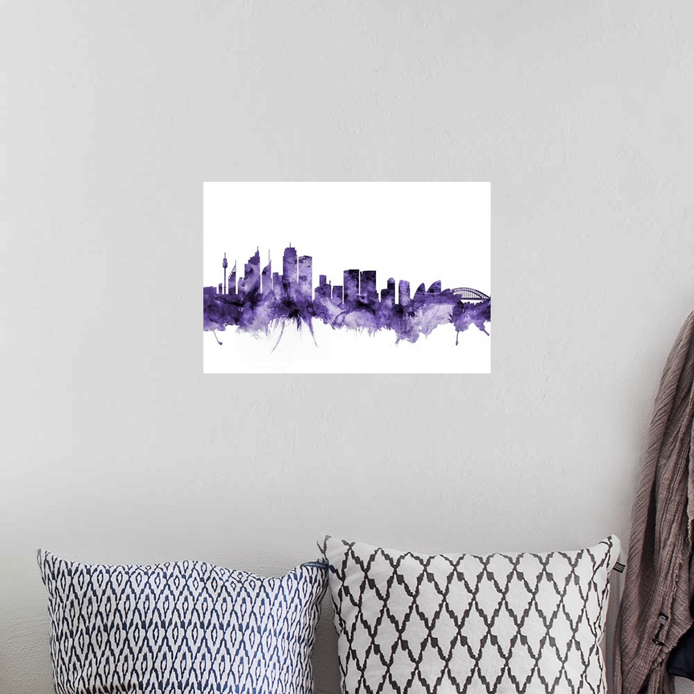 A bohemian room featuring Watercolor art print of the skyline of Sydney, Australia