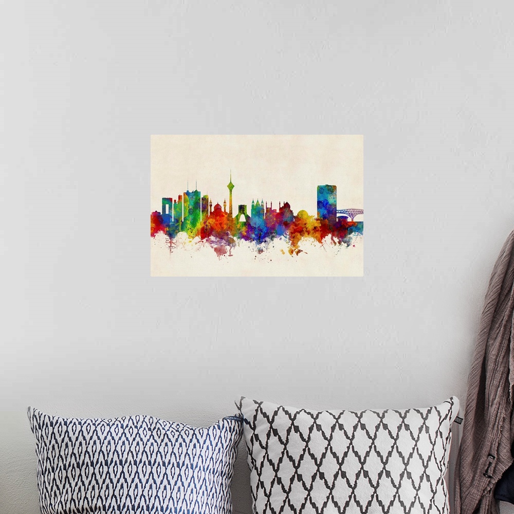 A bohemian room featuring Watercolor art print of the skyline of Tehran, Iran
