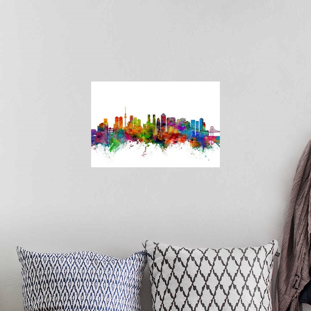 A bohemian room featuring Watercolor artwork of the Tokyo skyline against a white background.
