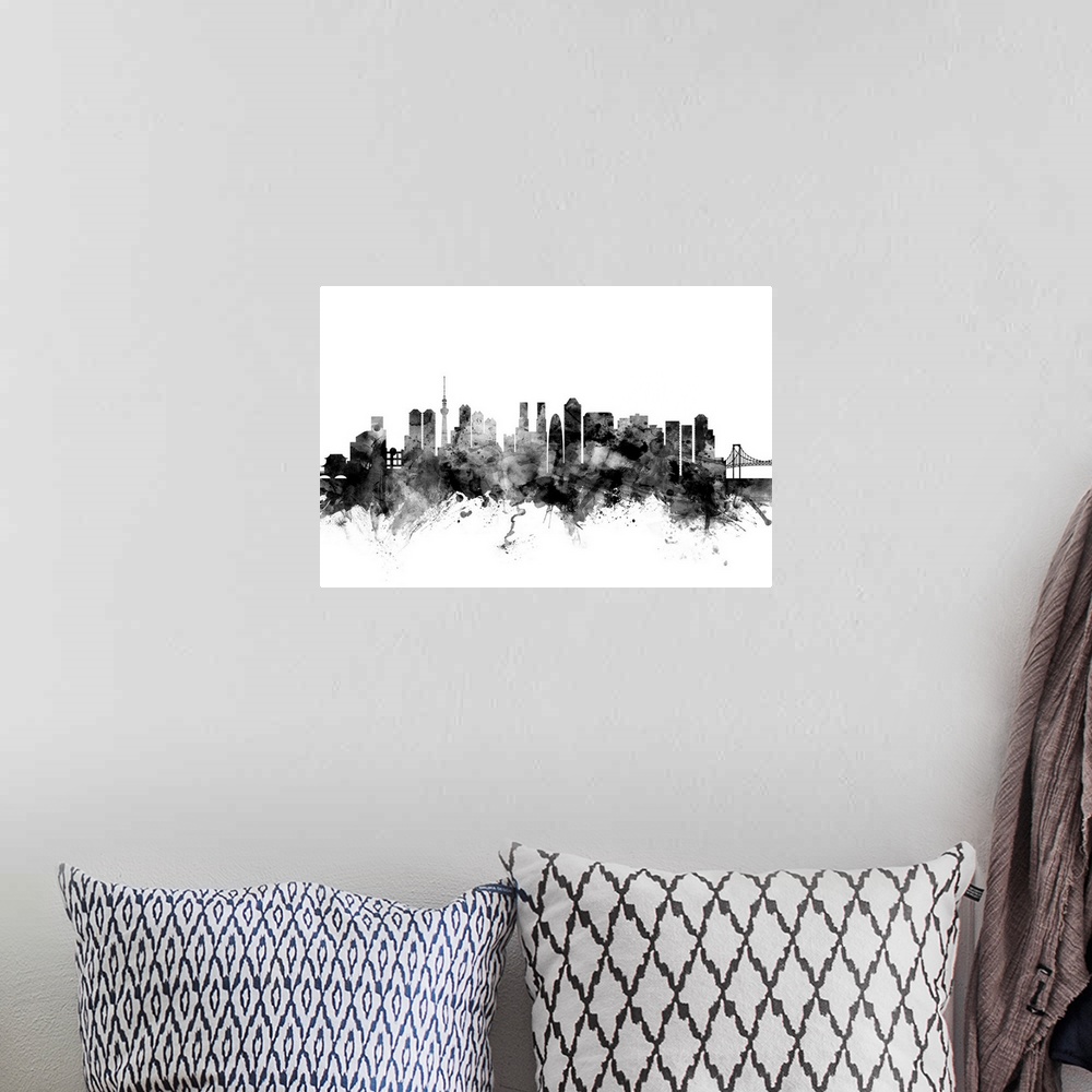 A bohemian room featuring Contemporary artwork of the Tokyo city skyline in black watercolor paint splashes.