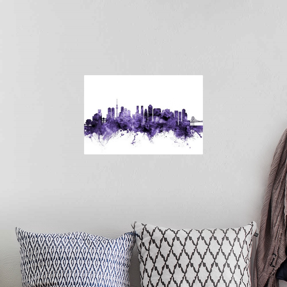 A bohemian room featuring Watercolor art print of the skyline of Tokyo, Japan