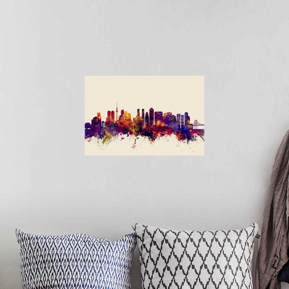 A bohemian room featuring Watercolor art print of the skyline of Tokyo, Japan.