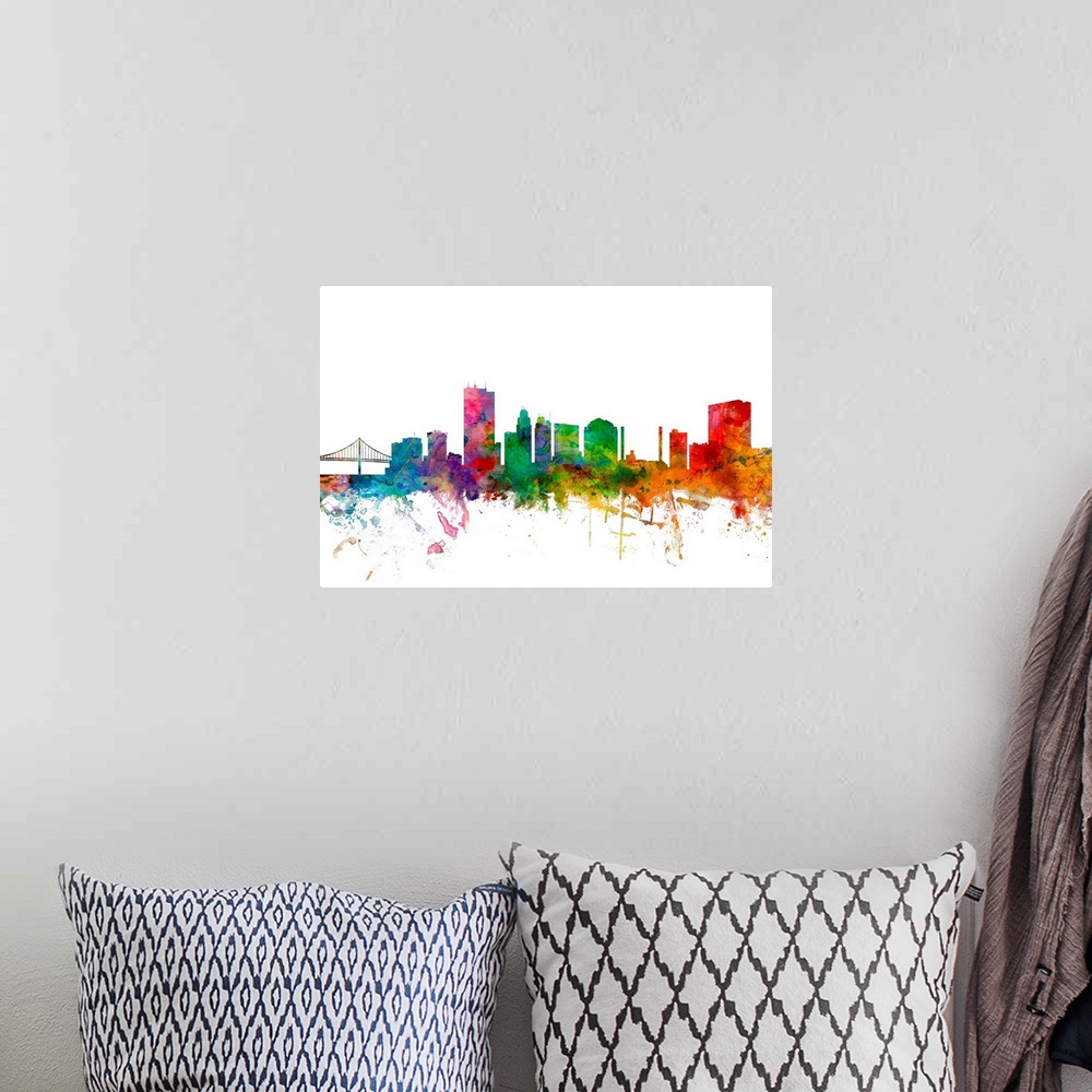 A bohemian room featuring Watercolor artwork of the Toledo skyline against a white background.