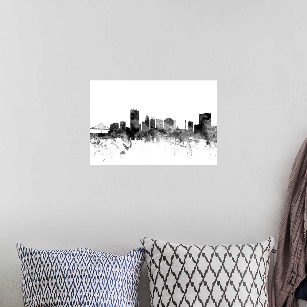 A bohemian room featuring Watercolor art print of the skyline of Toledo, Ohio, United States.