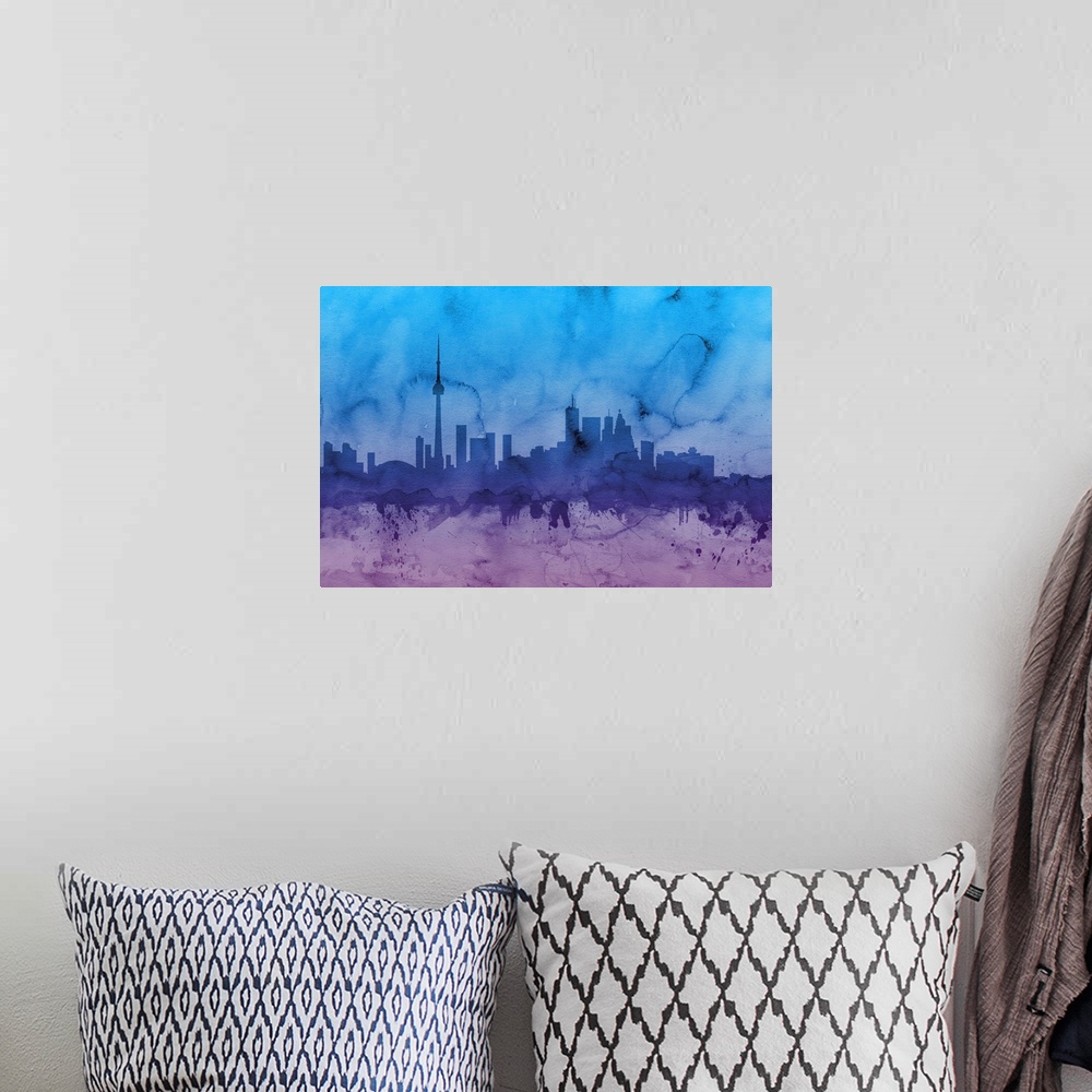 A bohemian room featuring Contemporary artwork of the Toronto skyline silhouetted in dark blue and purple watercolors.