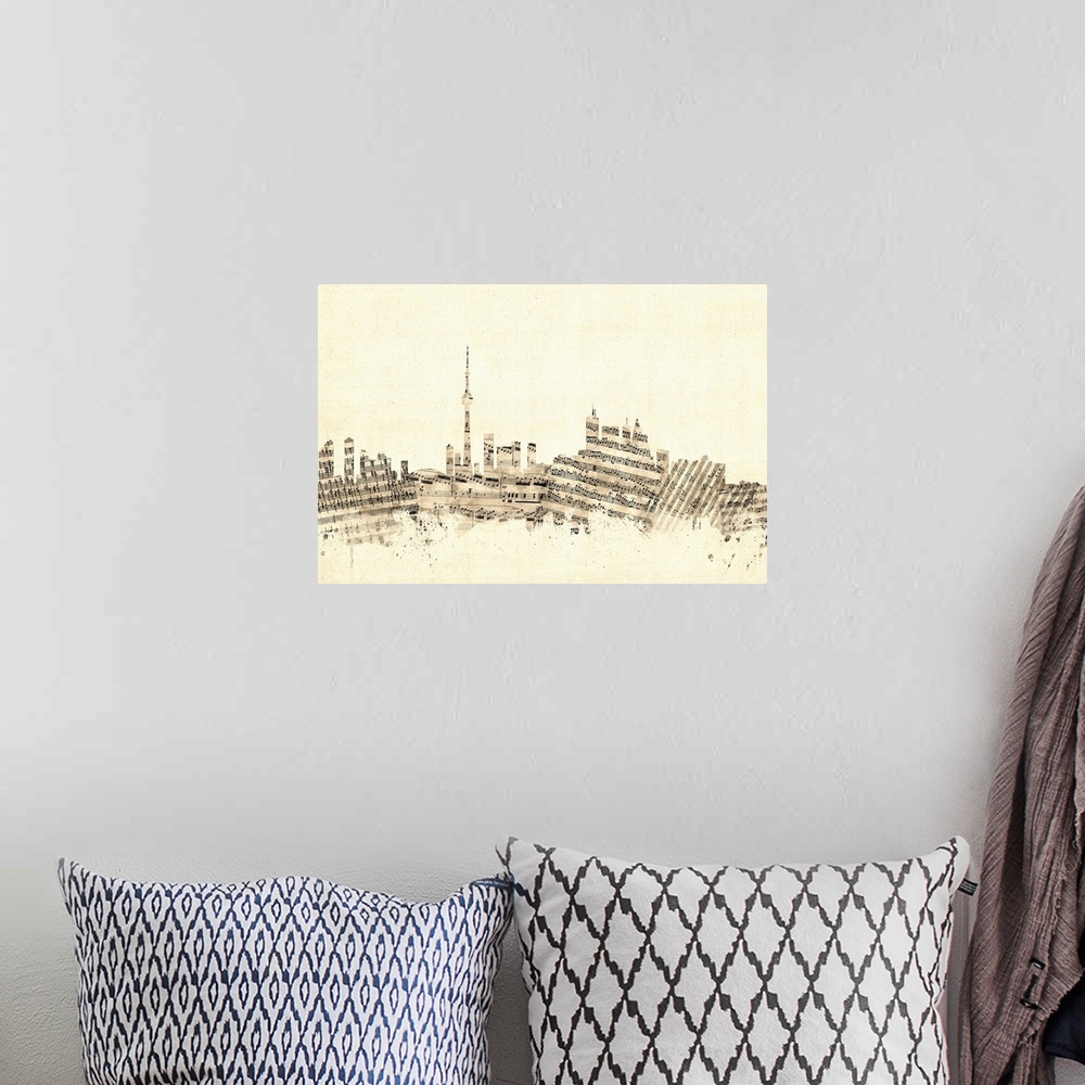 A bohemian room featuring Toronto skyline made of sheet music against a weathered beige background.