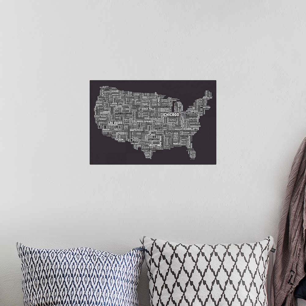 A bohemian room featuring United States Cities Text Map, Grey