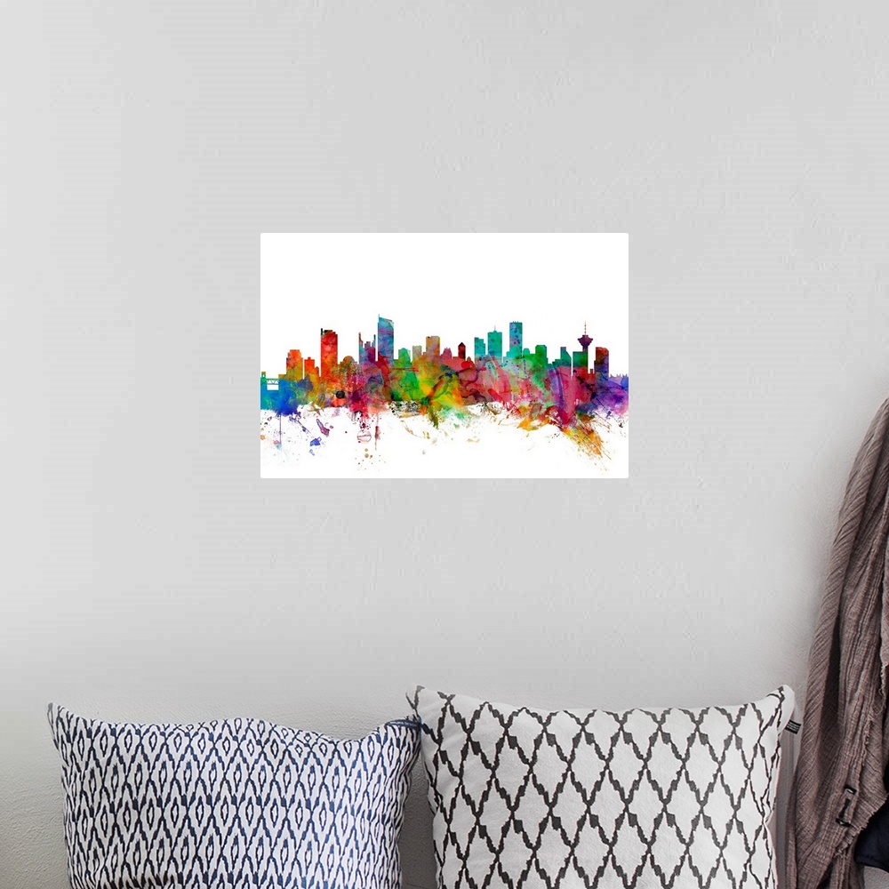 A bohemian room featuring Watercolor artwork of the Vancouver skyline against a white background.