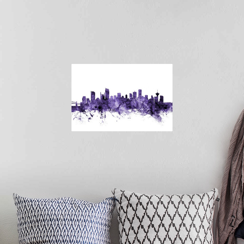 A bohemian room featuring Watercolor art print of the skyline of the city of Vancouver, British Columbia, Canada