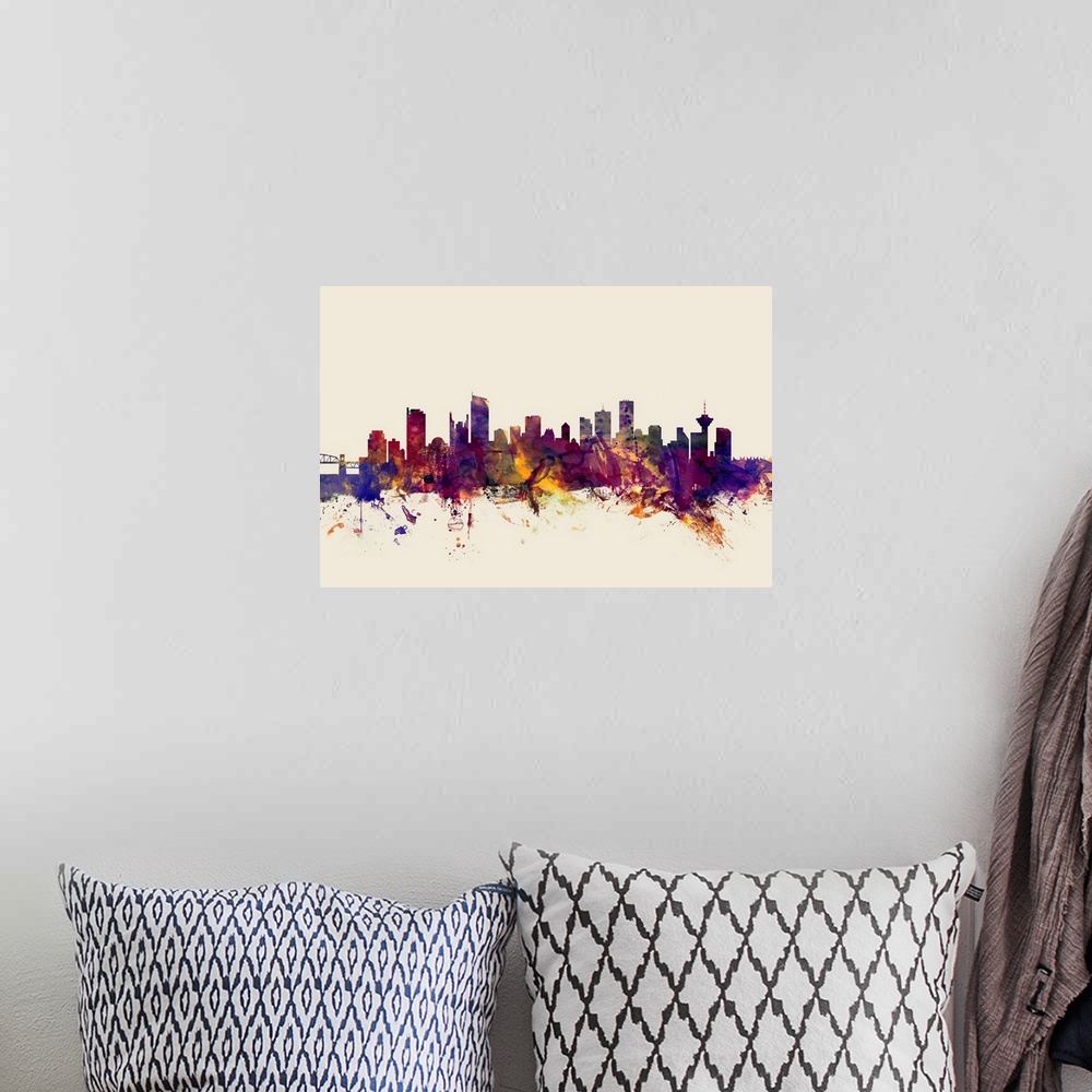A bohemian room featuring Watercolor art print of the skyline of the city of Vancouver, British Columbia, Canada.