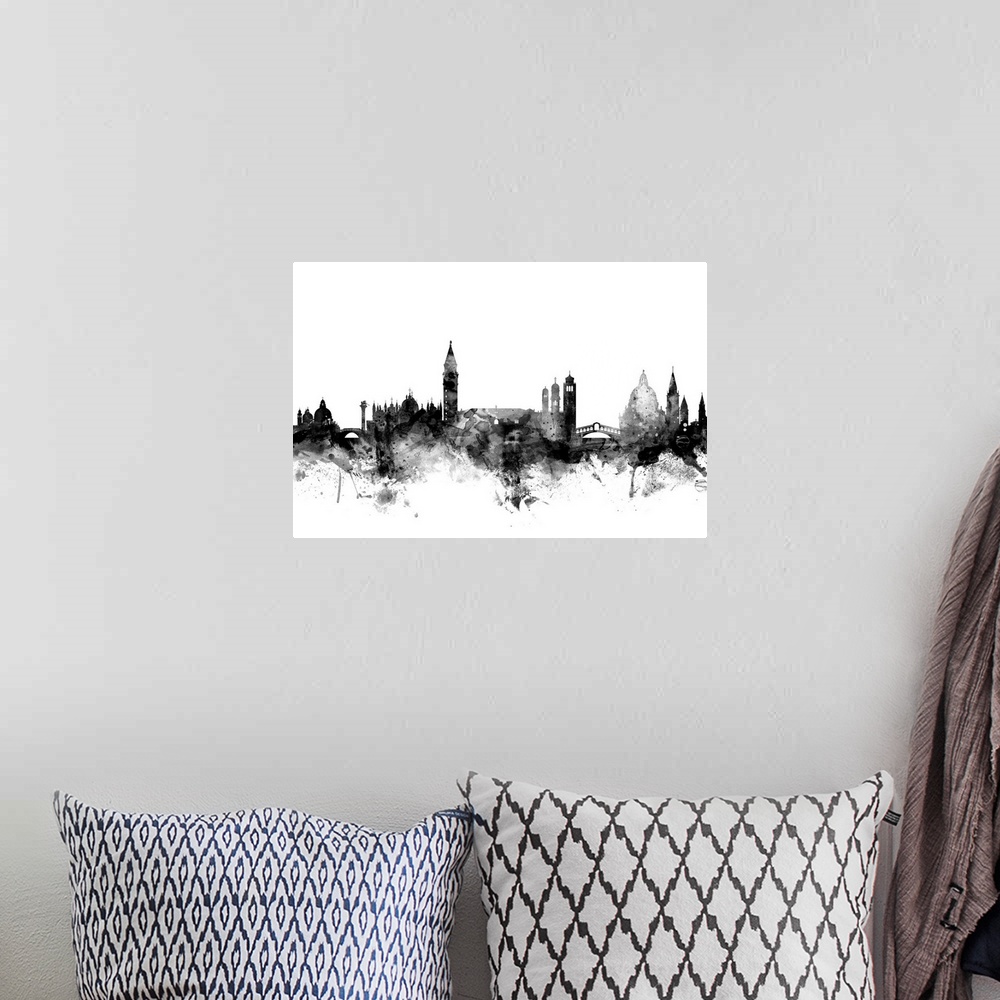 A bohemian room featuring Contemporary artwork of the Venice city skyline in black watercolor paint splashes.