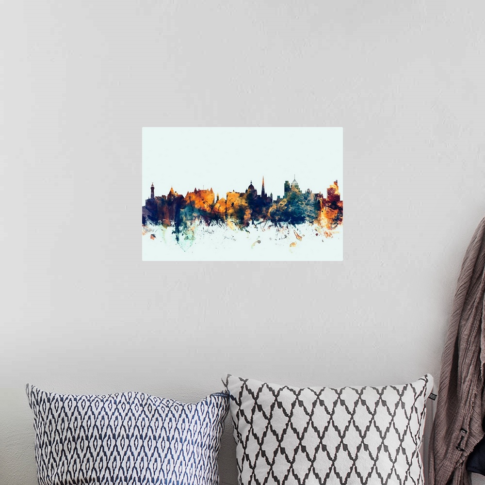 A bohemian room featuring Watercolor art print of the skyline of the city of Victoria, British Columbia, Canada.