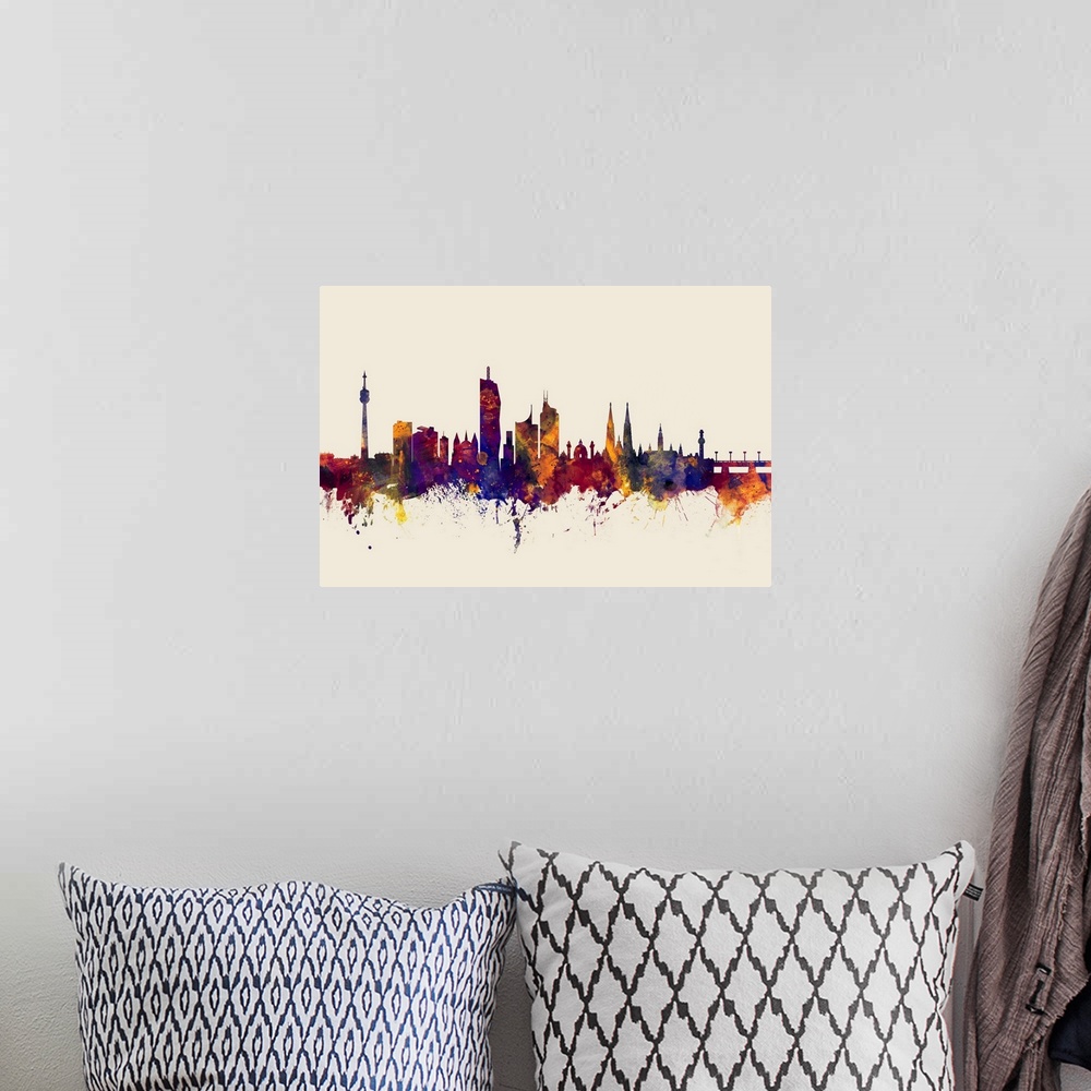 A bohemian room featuring Watercolor art print of the skyline of Vienna, Austria