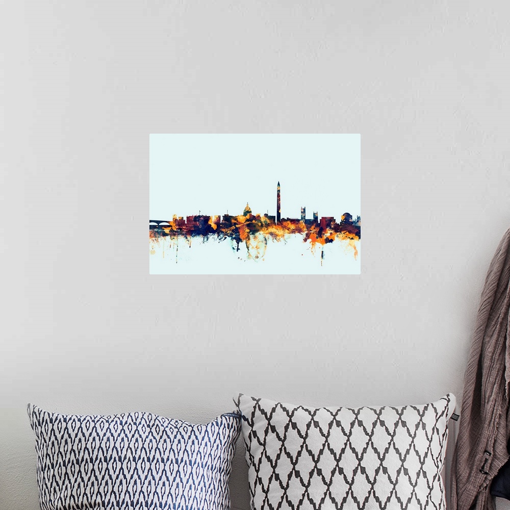 A bohemian room featuring Dark watercolor silhouette of the Washington DC city skyline against a light blue background.