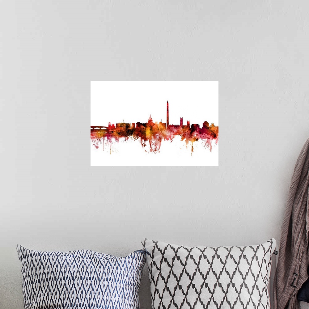 A bohemian room featuring Watercolor art print of the skyline of Washington DC, United States
