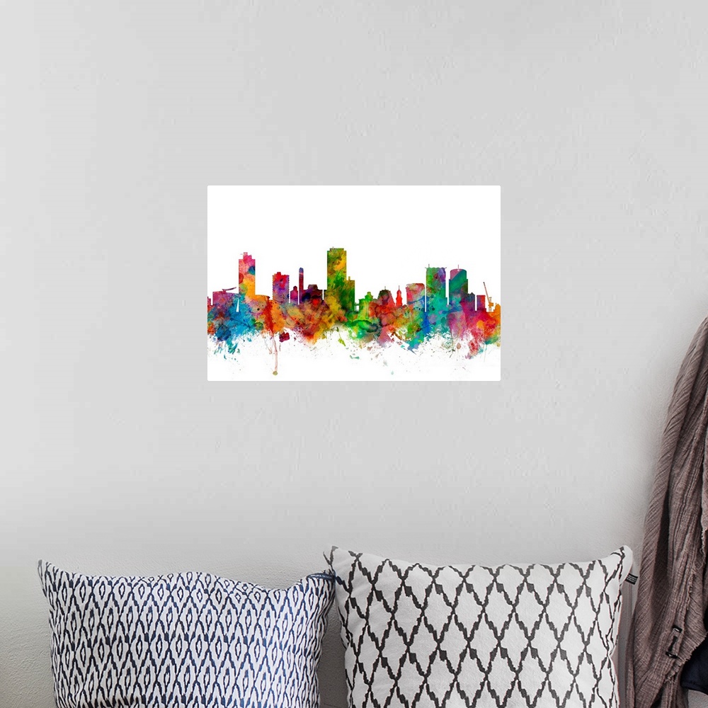 A bohemian room featuring Watercolor artwork of the Wellington skyline against a white background.