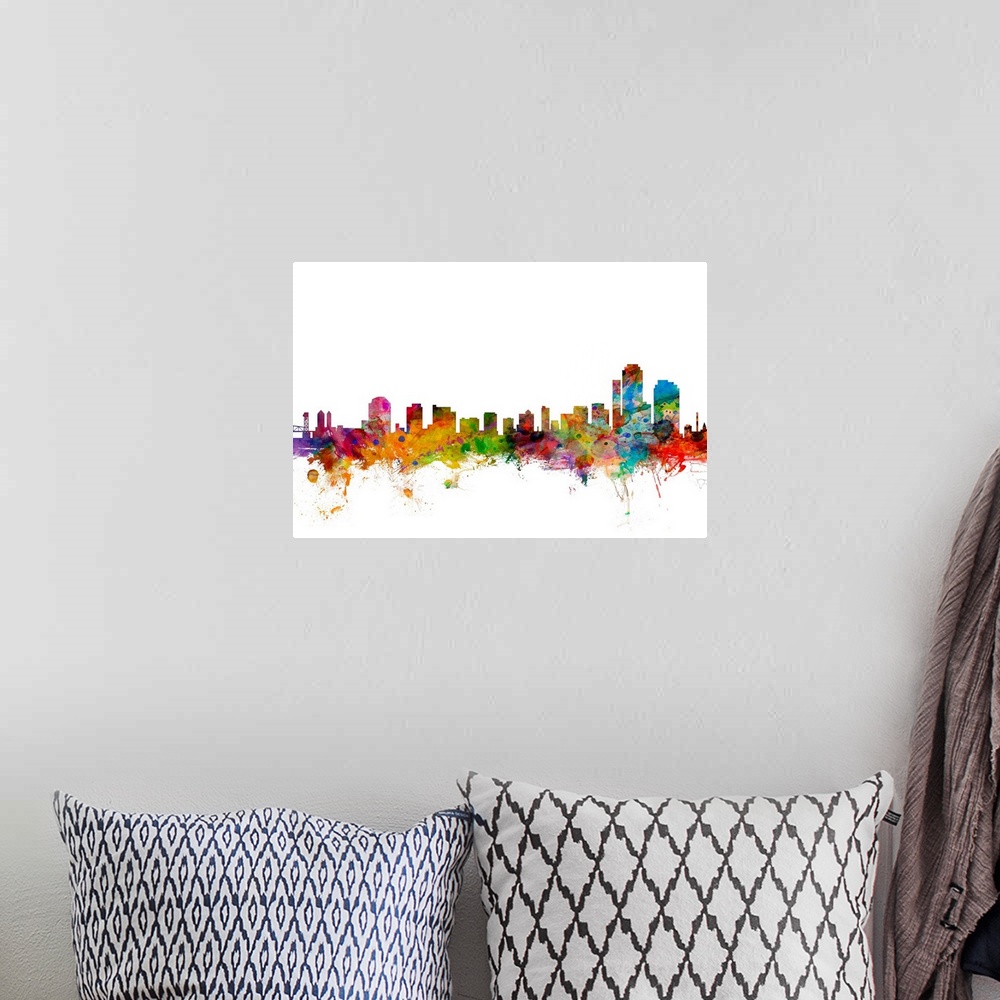 A bohemian room featuring Watercolor artwork of the Wilmington skyline against a white background.