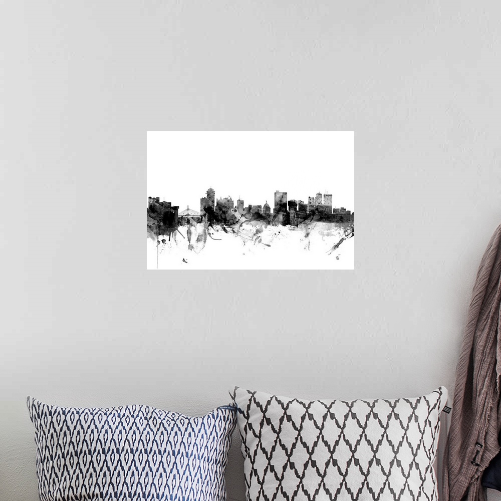 A bohemian room featuring Watercolor art print of the skyline of the city of Winnipeg, Manitoba, Canada.