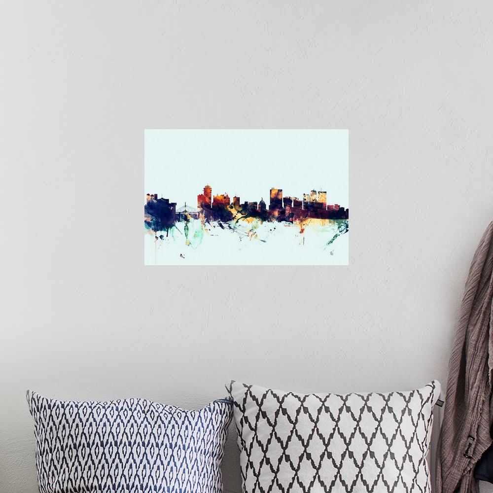 A bohemian room featuring Watercolor art print of the skyline of the city of Winnipeg, Manitoba, Canada.