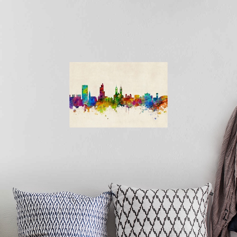 A bohemian room featuring Watercolor art print of the skyline of Winterthur, Switzerland