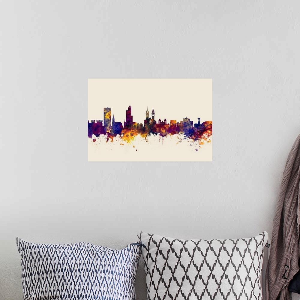 A bohemian room featuring Watercolor art print of the skyline of Winterthur, Switzerland