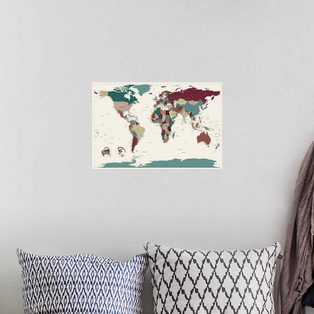 A bohemian room featuring Giant, horizontal wall hanging of the world map with all countries in a variety of colors, on a l...