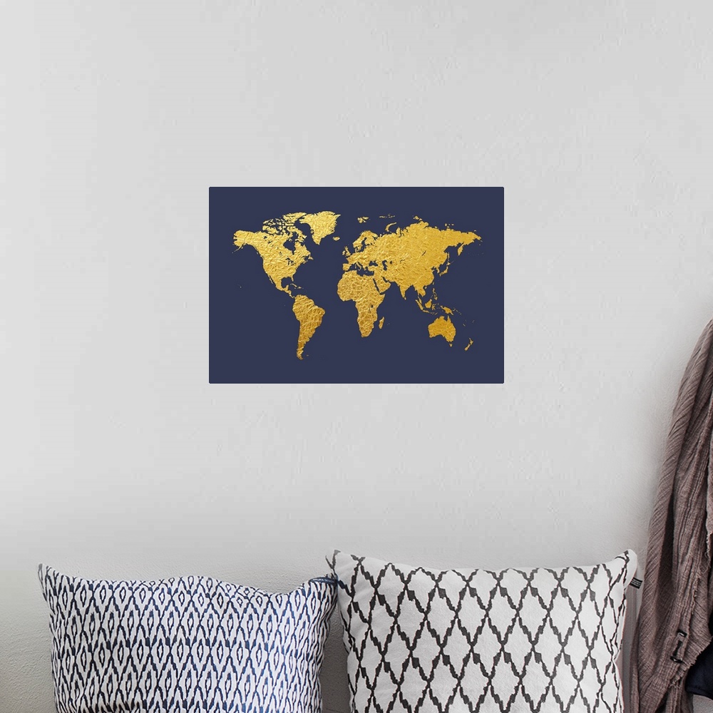 A bohemian room featuring World Map appearing to be made from gold foil.