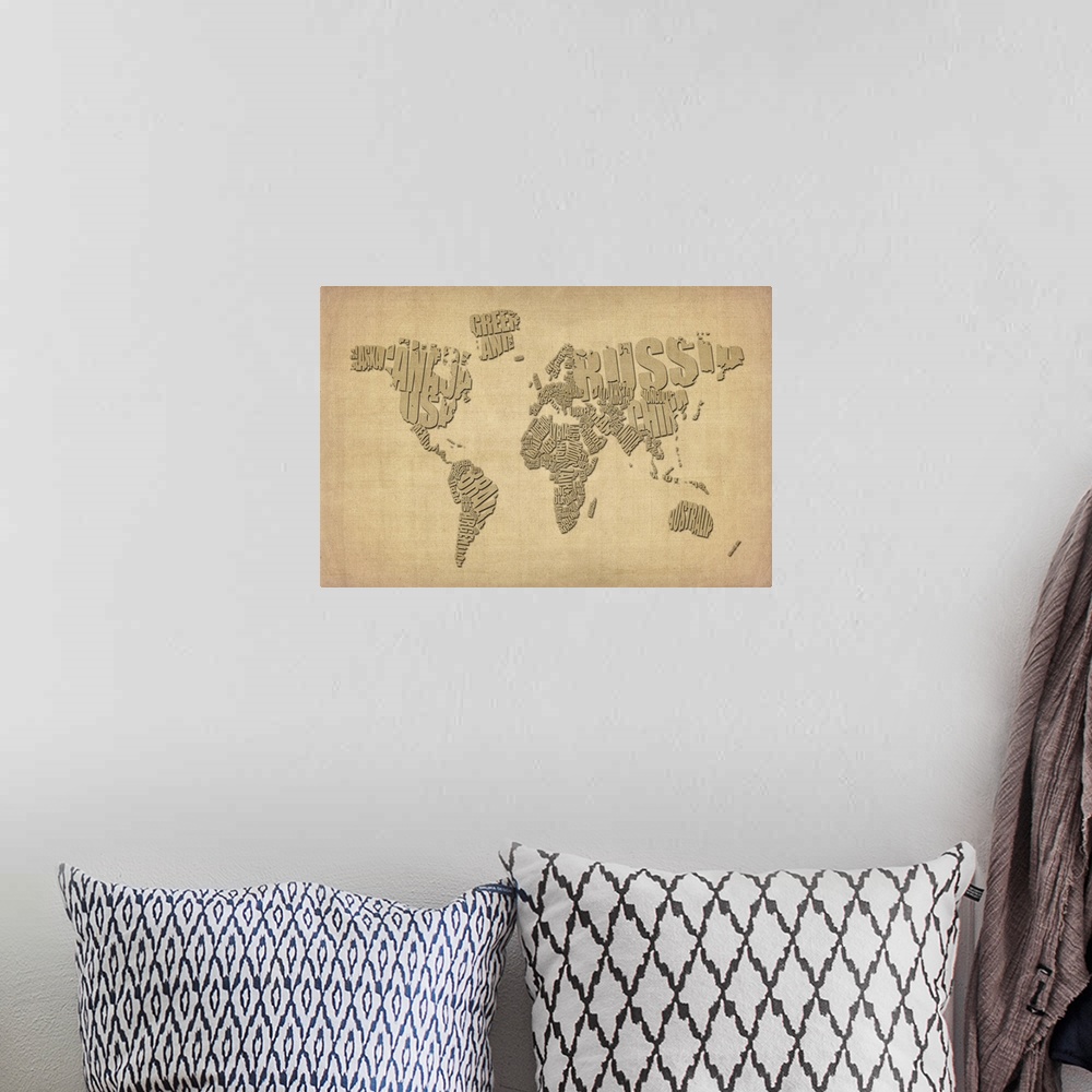 A bohemian room featuring World Map made up of Country names